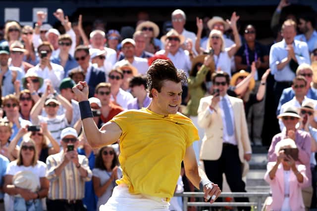 Jack Draper of Great Britain celebrates following victory against Carlos Alcaraz of Spain at The Queen's Club