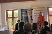 Mims speaking to local businesses at the IoD Business Breakfast