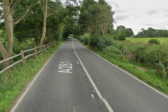 Sussex Police said the A281 crash involved a black Kia and a blue and white Volvo lorry between the junction with Strood Lane and Rowhook Road. Picture: Google Street View