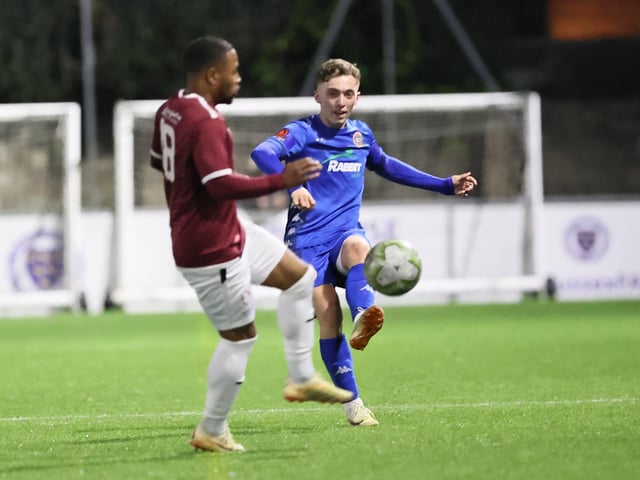 Action between Worthing and Hastings United in the Sussex Senior Cup semi-final at Lancing