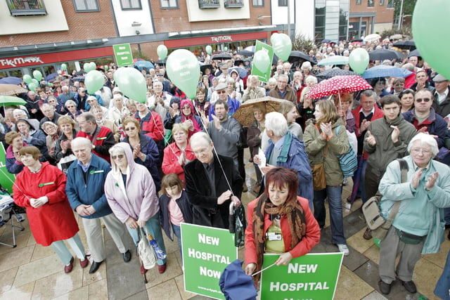 Crowds gather in The Forum to call for a new hospital