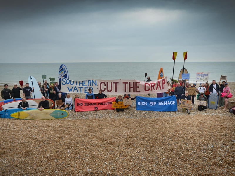 Surfers Against Sewage Paddle-Out protest in Hastings on May 18 2024.