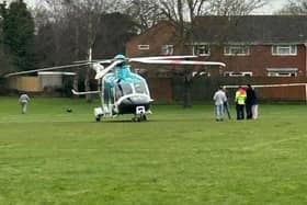 The Kent, Surrey and Sussex Air Ambulance landed in Pondtail Park, Horsham. Photo: Geoff Nichols
