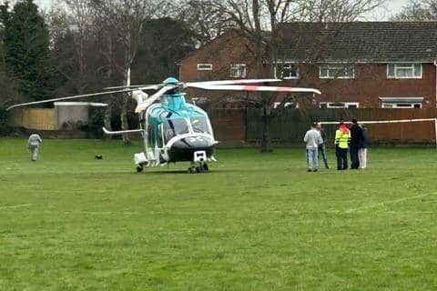 The Kent, Surrey and Sussex Air Ambulance landed in Pondtail Park, Horsham. Photo: Geoff Nichols