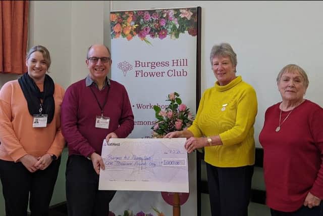 From left: BHTC Grants Administration Officer, chairman of the Grants Panel councillor Matthew Goldsmith, chairman of Burgess Hill Flower Club Judith Alexander and treasurer of Burgess Hill Flower Club Maureen Pierce. Photo: Burgess Hill Town Council