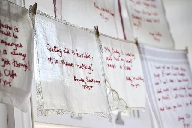 Sonia Crivello's handkerchief display is in a disused shop in Station Street, Lewes. Photo: Sarah Weal
