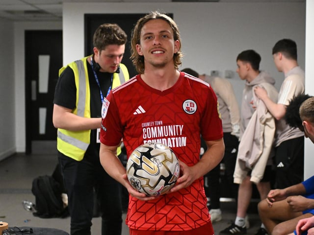 Crawley Town forward Danilo Orsi (9) holding the match ball after scoring a hat trick during the EFL Sky Bet League 2 play-off second leg match between Milton Keynes Dons and Crawley Town at stadium:mk, Milton Keynes, England on 11 May 2024.:Crawley Town hammered MK Dons 5-1 - and 8-1 on aggregate - to reach the League Two play-off final Wembley. Photographer Dennis Goodwin/Pro Sport Images was there to catch the action, the crowd and the celebrations