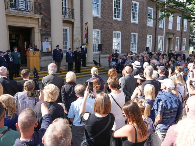 Crowds gathered outside Worthing Town Hall to hear the mayor, Henna Chowdhury, read the proclamation of King Charles III at 2.30pm. Photo: Eddie Mitchell