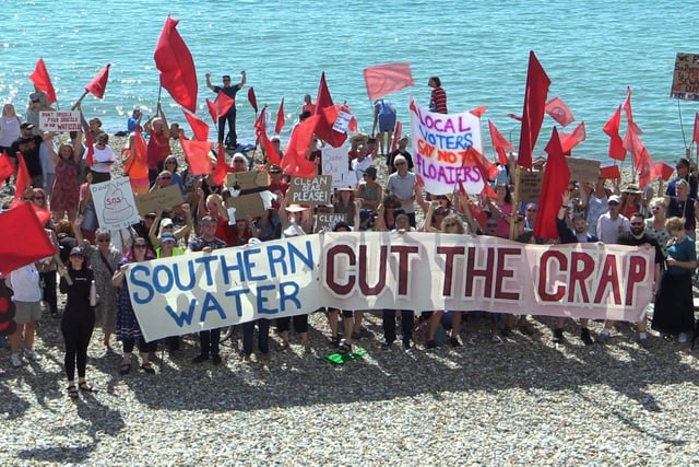 Clean Water Action Group's protest against sewage discharges on Aug 26 on the beach behind Azur, St Leonards. Photo by Roberts Photographic.
