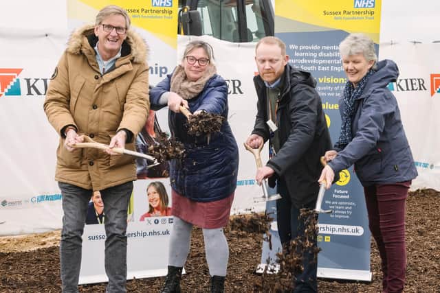 SPFT staff members breaking the ground at the new Combe Valley Hospital site in Bexhill