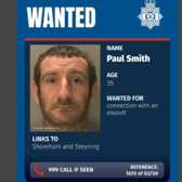 Paul Smith, 35, is wanted 'in connection with an assault'. Photo: Sussex Police
