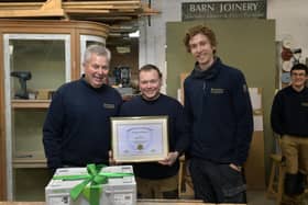 The Apprentice...in Sussex: Eastbourne joiner celebrates 25 years at company since joining as an apprentice - Kim McGreevy, John Barry, Simon McGreevy (Pic by Jon Rigby)