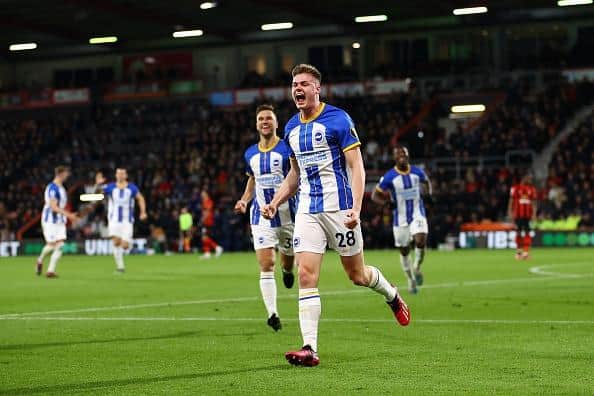 Evan Ferguson of Brighton & Hove Albion celebrates after scoring the team's first goal during the Premier League match at AFC Bournemouth