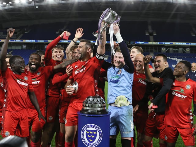 Action and celebrations as Worthing take on Bognor Regis Town in the Sussex Senior Cup final at the Amex Stadium - and win 8-7 on penalties