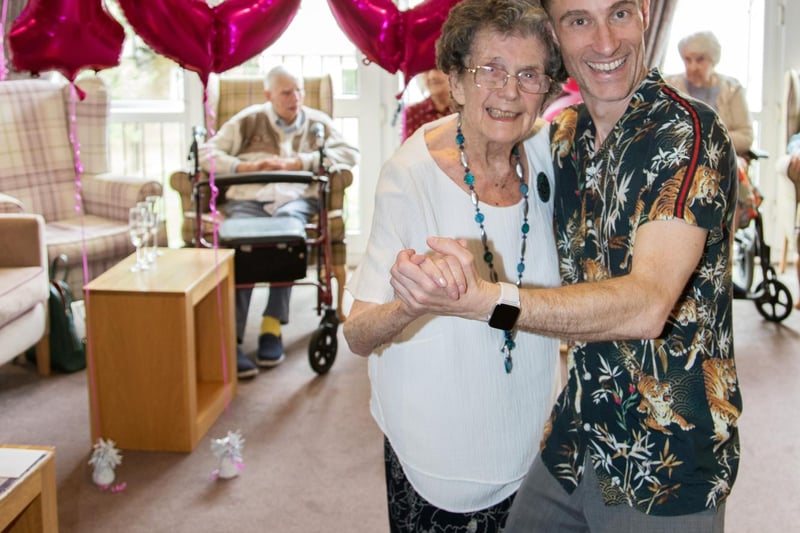 Eunice takes to the dance floor with entertainer Simon Guntrip while celebrating her 100th birthday. Photo contributed