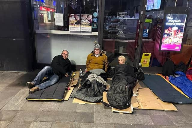 CEO of People's Partnership, Patrick Heath-Lay and colleagues Teresa Brown and Nyree McGowan sleep on the streets of Crawley