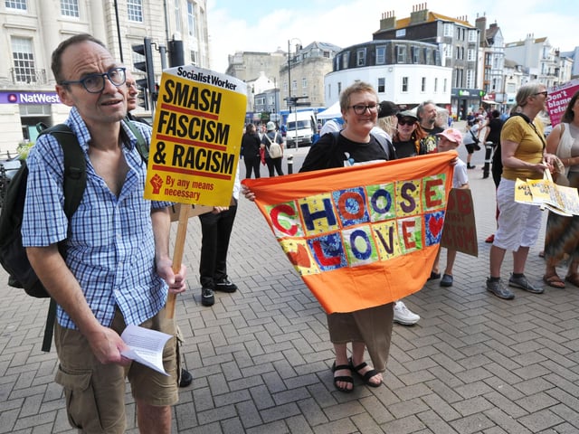 Hastings Stand Up To Racism's National Day Of Protest on August 10 2024 in Robertson Street.