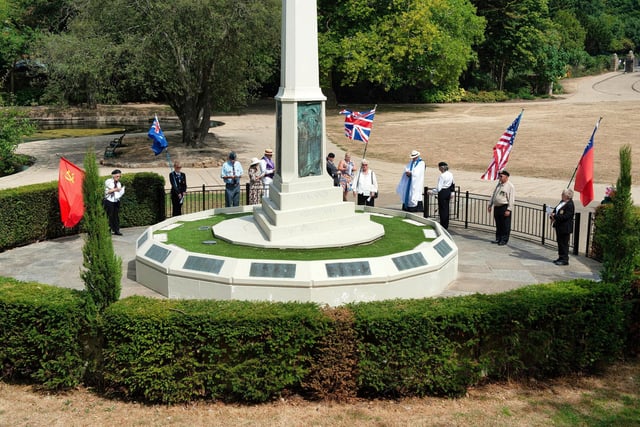 V-J Day at the war memorial in Alexandra Park, Hastings, Aug 14 2022. Photo by Frank Copper