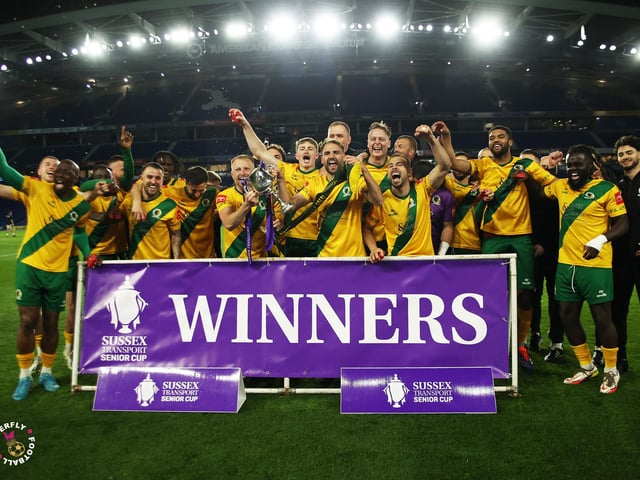 James Hammond’s majestic 95th minute free-kick clinched Horsham FC’s first league and Sussex Senior Cup double in the club’s history.