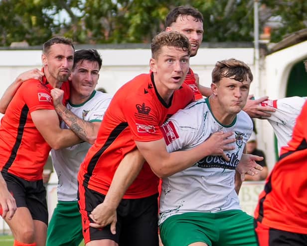 The Rocks battle with AFC Portchester last weekend | Picture by Trevor Staff