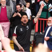 Happier times - Colin Kazim-Richards celebrates the escape from relegation at Broadfield last May (Photo by Peter Nicholls/Getty Images)