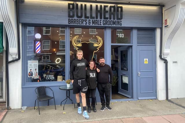 L_R: Nathan Potts, Marie Wheeler and Nikos Mariolis from Bullhead Barbers in Eastbourne