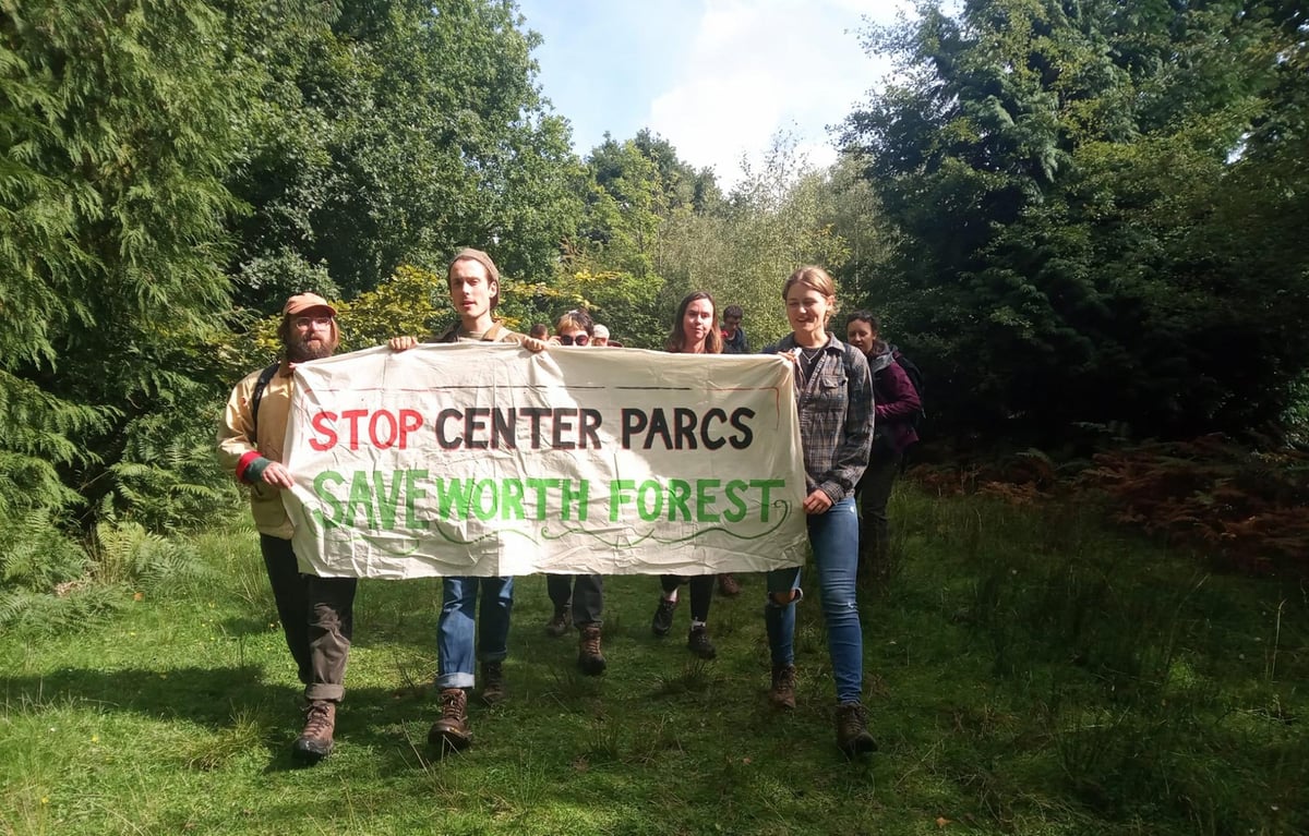 More than 250 people demonstrate against Centre Parc plans in forest near Crawley