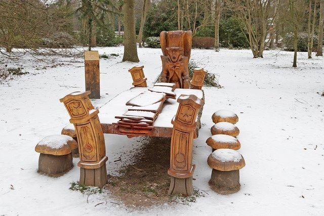 The Mad Hatter’s Tea Party sculpture covered in snow in Hotham Park