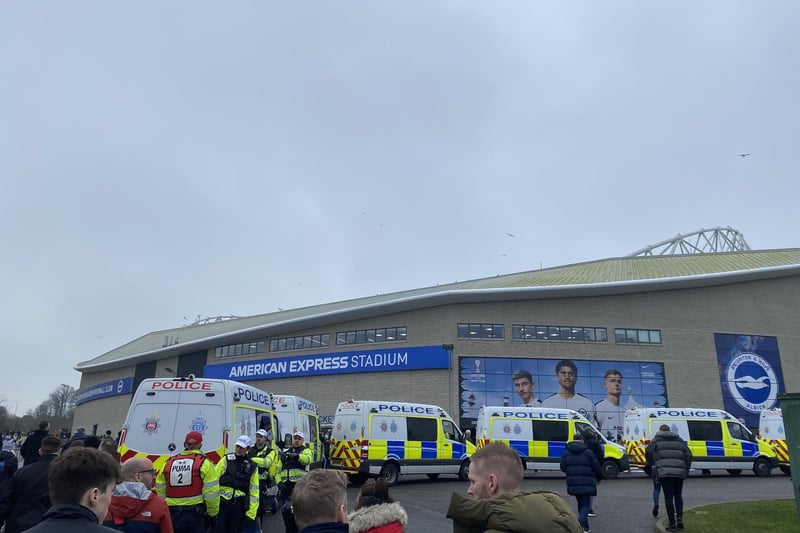 The police are out in force as fans arrive for Brighton’s home match against arch-rivals Crystal Palace.