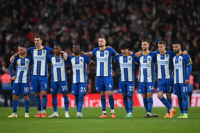 Brighton players line up for the penalty shoot ouduring the Emirates FA Cup Semi Final between Brighton & Hove Albion and Manchester United at Wembley (Photo by Mike Hewitt/Getty Images)