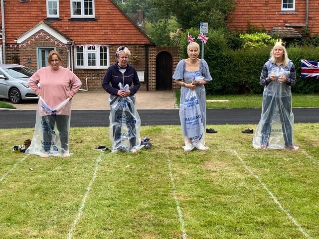 Katie Wates, Alison Laverick, Wendy Whipp, Trisha Mascall doing the sack race!