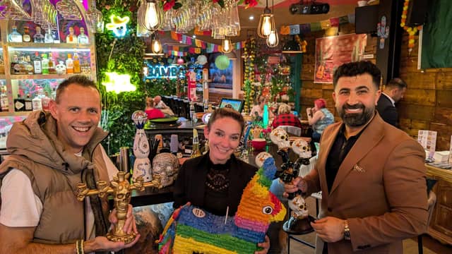 'Day of the Dead' ' celebrations are to be held at La Bamba restaurant in Horsham. Pictured is owner Ercan Yuzey (right) with restaurant manager Pamela Lewry and Horsham Councillor Colin Minto