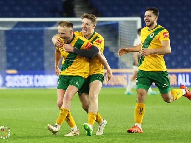 James Hammond’s majestic 95th minute free-kick clinched Horsham FC’s first league and Sussex Senior Cup double in the club’s history.