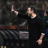 Brighton's Italian head coach Roberto De Zerbi reacts during the UEFA Europa League Group B football match between AEK Athens FC and Brighton and Hove Albion FC at the Agia Sophia Stadium in Athens on November 30, 2023. (Photo by Angelos TZORTZINIS / AFP) (Photo by ANGELOS TZORTZINIS/AFP via Getty Images)