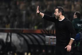 Brighton's Italian head coach Roberto De Zerbi reacts during the UEFA Europa League Group B football match between AEK Athens FC and Brighton and Hove Albion FC at the Agia Sophia Stadium in Athens on November 30, 2023. (Photo by Angelos TZORTZINIS / AFP) (Photo by ANGELOS TZORTZINIS/AFP via Getty Images)