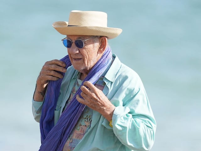 Sir Ian McKellen and Roger Allam were spotted filing together on Worthing beach today (October 7, 2025)