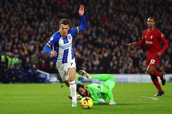 Brighton and Hove Albion midfielder Solly March scored twice against Liverpool in the Premier League last Saturday