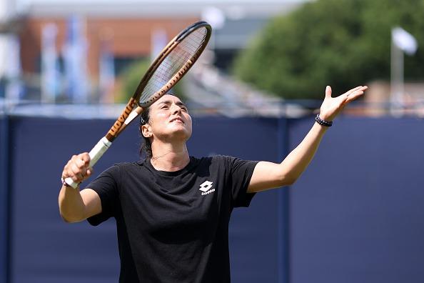 Ons Jabeur of Tunisia warms up in a practice match during Day Three