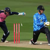 John Simpson keeping for Middlesex in a T20 clash at Hove - Phil Salt is the Sussex batsman (Photo by Charlie Crowhurst/Getty Images)