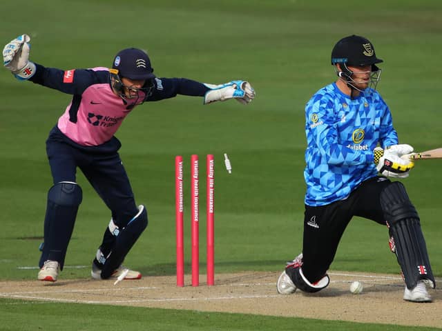 John Simpson keeping for Middlesex in a T20 clash at Hove - Phil Salt is the Sussex batsman (Photo by Charlie Crowhurst/Getty Images)
