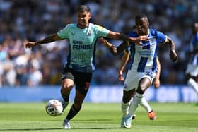 Newcastle United's Brazilian midfielder Bruno Guimaraes (L) vies with Brighton's Ecuadorian midfielder Moises Caicedo (R) during Premier League match at the Amex on August 13, 2022. Picture by Glyn KIRK/AFP
