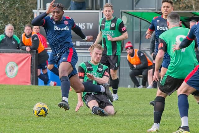 Burgess Hill in recent action v Chatham - they need to win on the last day to make sure they avoid the play-offs | Picture: Chris Neal