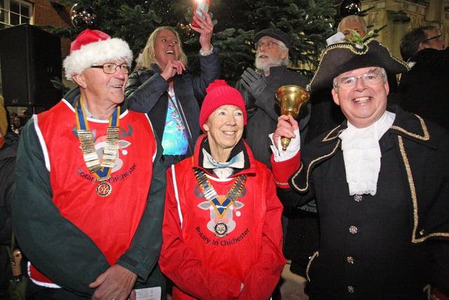 Town Crier Richard Plowman with Rotary presidents, Bob Syme (Priory) and Anna Hutchings (Chichester Harbour)