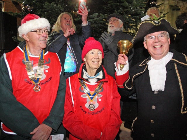 Town Crier Richard Plowman with Rotary presidents, Bob Syme (Priory) and Anna Hutchings (Chichester Harbour)