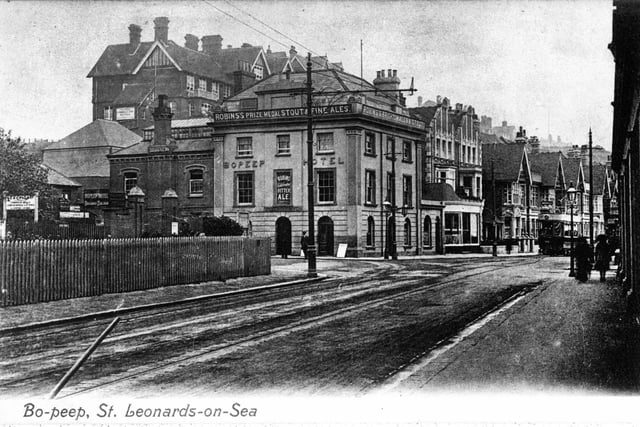 A postcard from 1908, showing the Children’s Convalescent Home (now demolished) next to the Bo Peep Hotel (Robins’s Prize Medal Stout and Fine Ales) and the signage for West Marina Station. On the right a tram departs for Hastings.