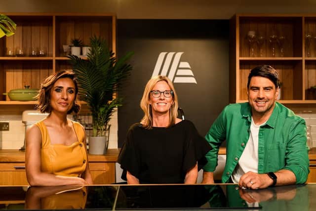 Pictured: Presenter Anita Rani with Chris Bavin and Aldi managing director of buying Julie Ashfield during filming at Aldi’s HQ.
