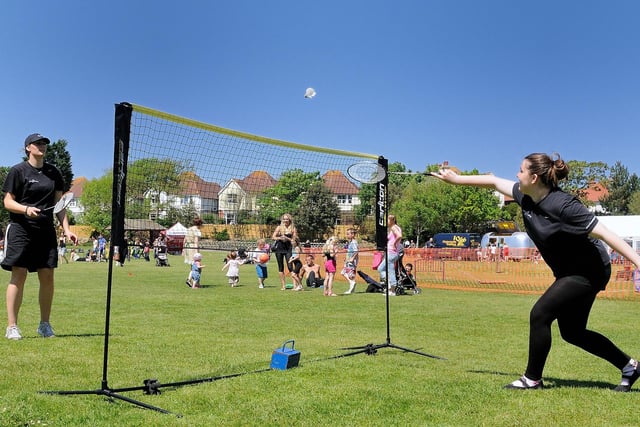 Egerton Park, Bexhill. Edgy Fest.
26.05.12.
Picture by: TONY COOMBES PHOTOGRAPHY
Eugenie Demeza and Alayna Webb play badminton in the 'Active Women' (Active Hastings) games area.