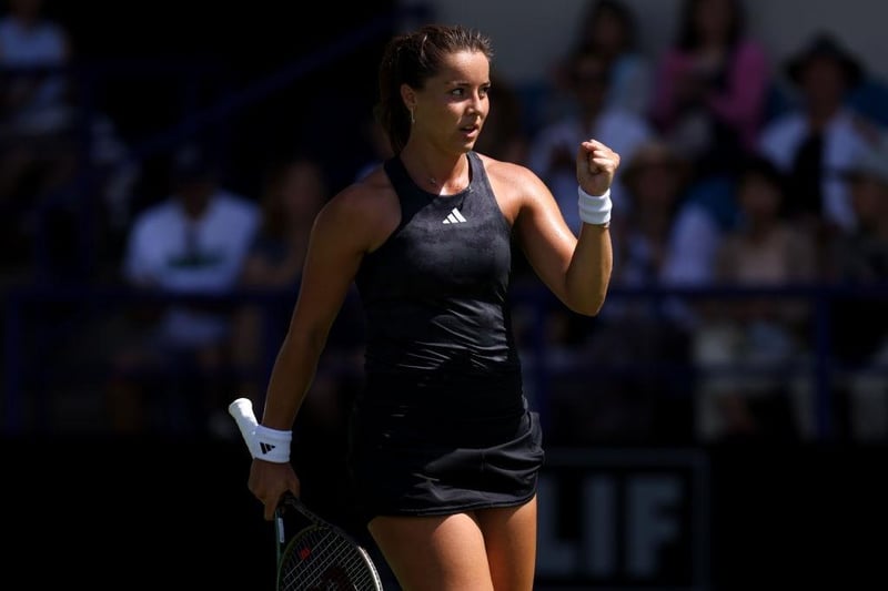 EASTBOURNE, ENGLAND - JUNE 24: Jodie Burrage of Great Britain celebrates winning a point during her women's singles match against Kamilla Rakhimova during Day One of the Rothesay International Eastbourne at Devonshire Park on June 24, 2023 in Eastbourne, England. (Photo by Charlie Crowhurst/Getty Images for LTA):Images from the opening day of qualifying at the 2023 Rothesay International at Devonshire Park, Eastbourne