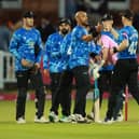 Tymal Mills of Sussex is congratulated by team-mates as Sussex win their Vitality Blast T20 match against Middlesex  at Lord's (Photo by Warren Little/Getty Images)