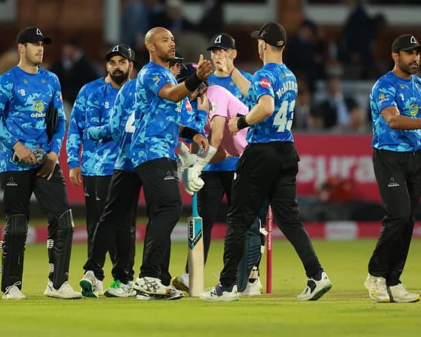 Tymal Mills of Sussex is congratulated by team-mates as Sussex win their Vitality Blast T20 match against Middlesex  at Lord's (Photo by Warren Little/Getty Images)